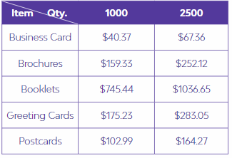 Printing Pricing Table